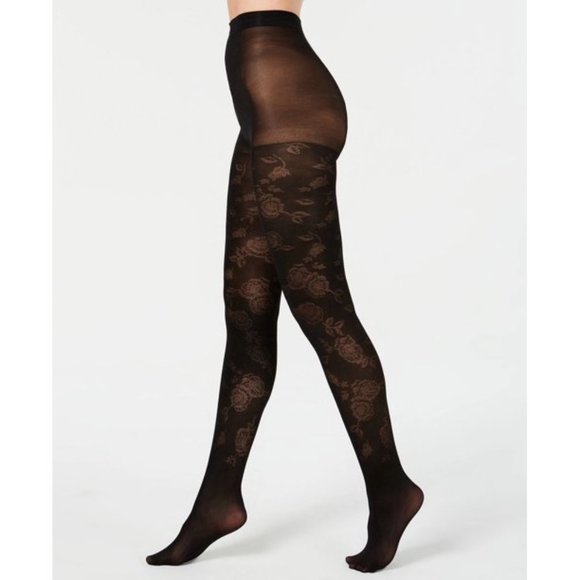 INC Semi Opaque Jacquard Floral Tights Black - Picture 1 of 5